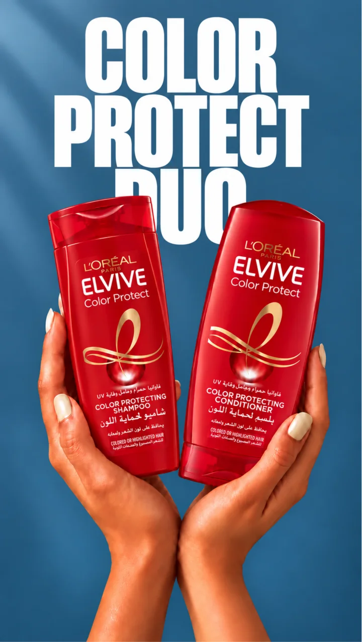 L'Oréal Elvive Color Protect shampoo and conditioner, held up side by side
