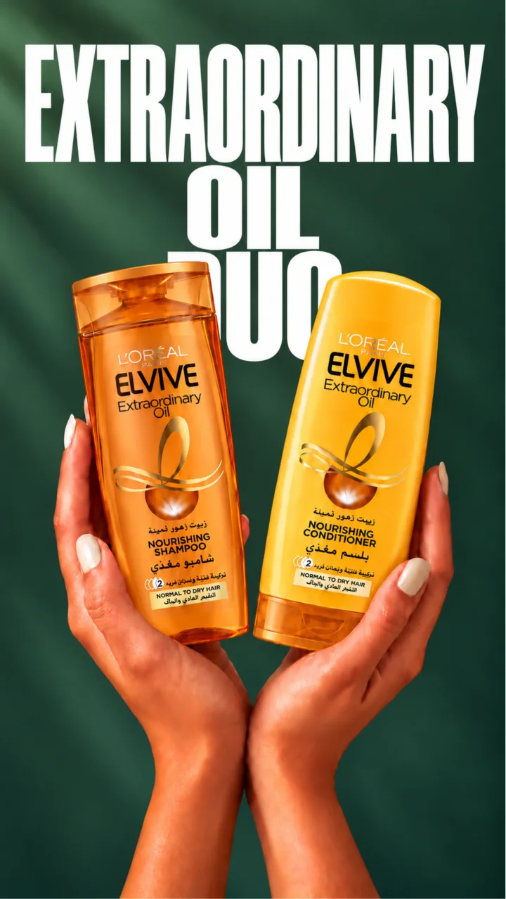 L'Oréal Elvive Extraordinary Oil shampoo and conditioner, held up side by side
