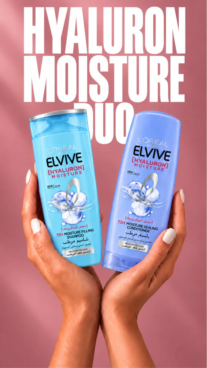 L'Oréal Elvive Hyaluron Moisture shampoo and conditioner, held up side by side