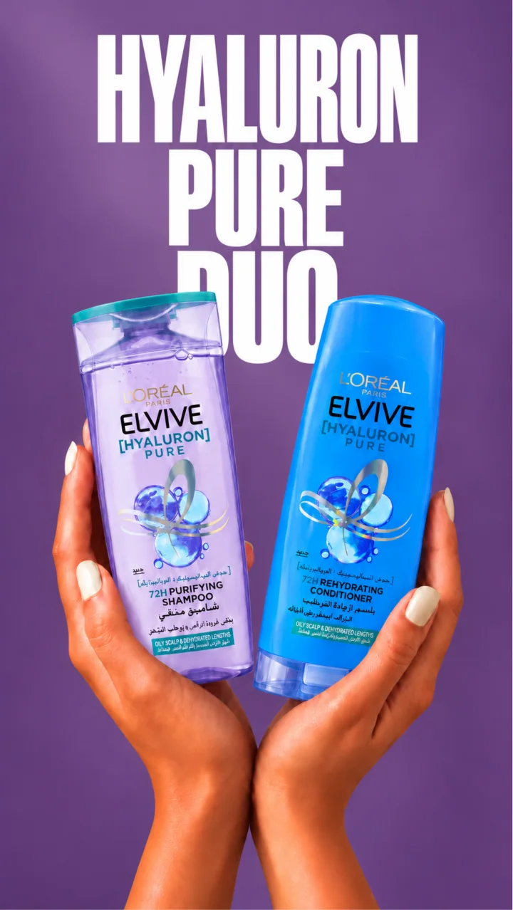 L'Oréal Elvive Hyaluron Pure shampoo and conditioner, held up side by side